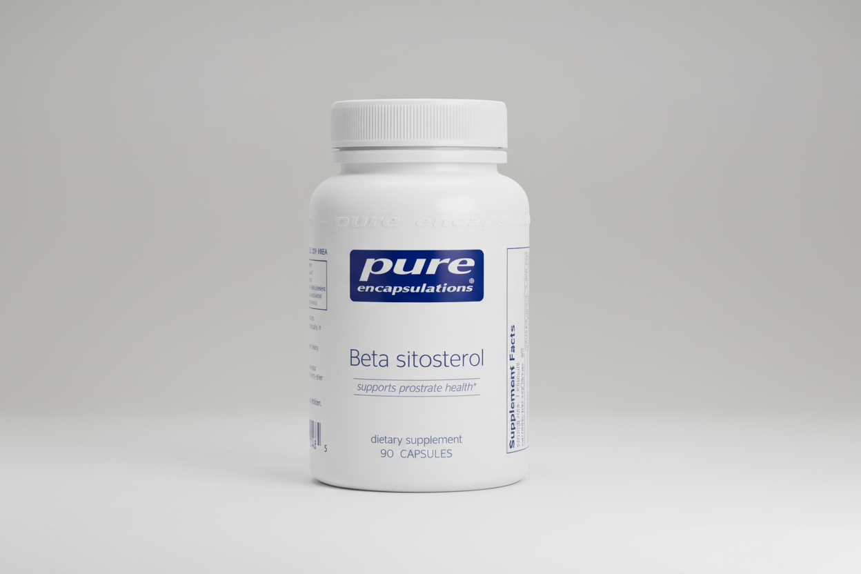 White supplement bottle labeled 'pure encapsulations Beta sitosterol' on a white background