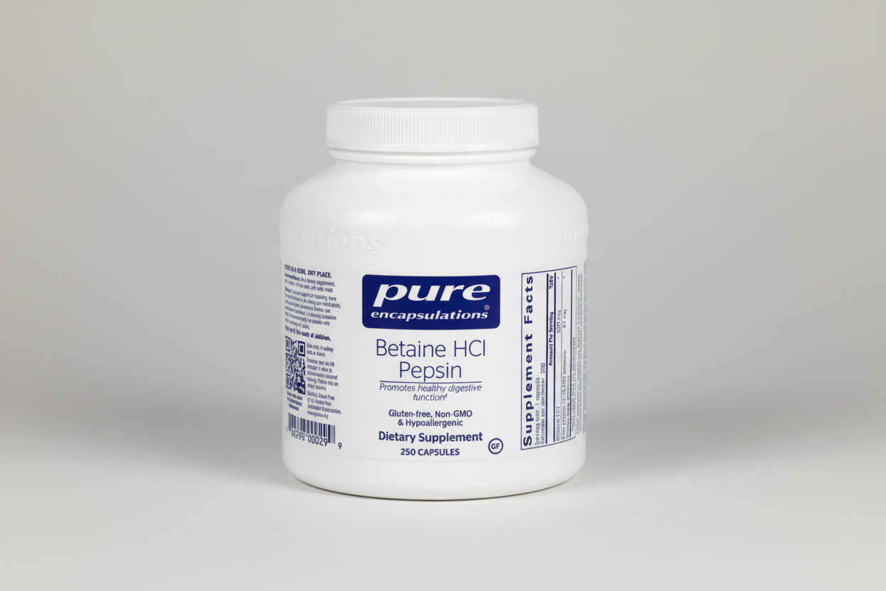 White supplement container labeled 'pure encapsulations Betaine HCl Pepsin' on a white background