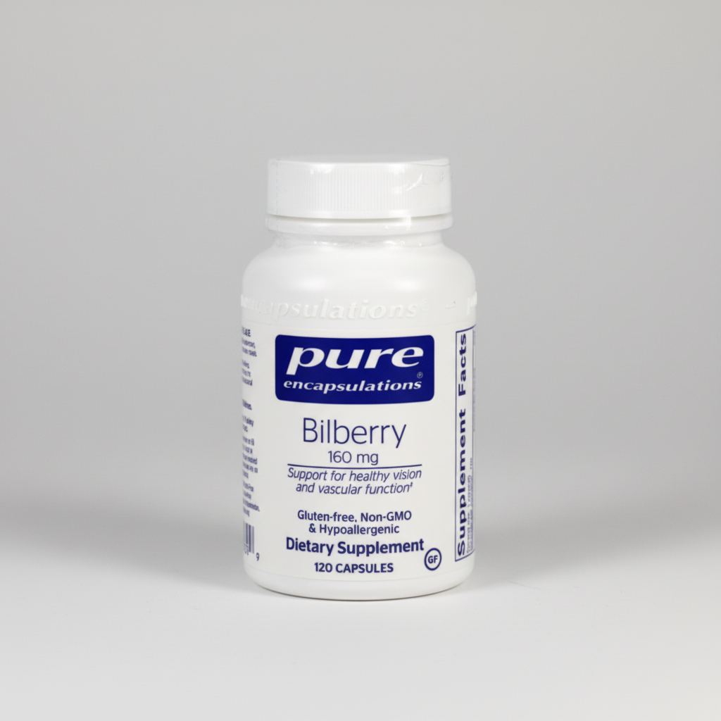 Bottle of pure encapsulations Bilberry dietary supplement on a white background
