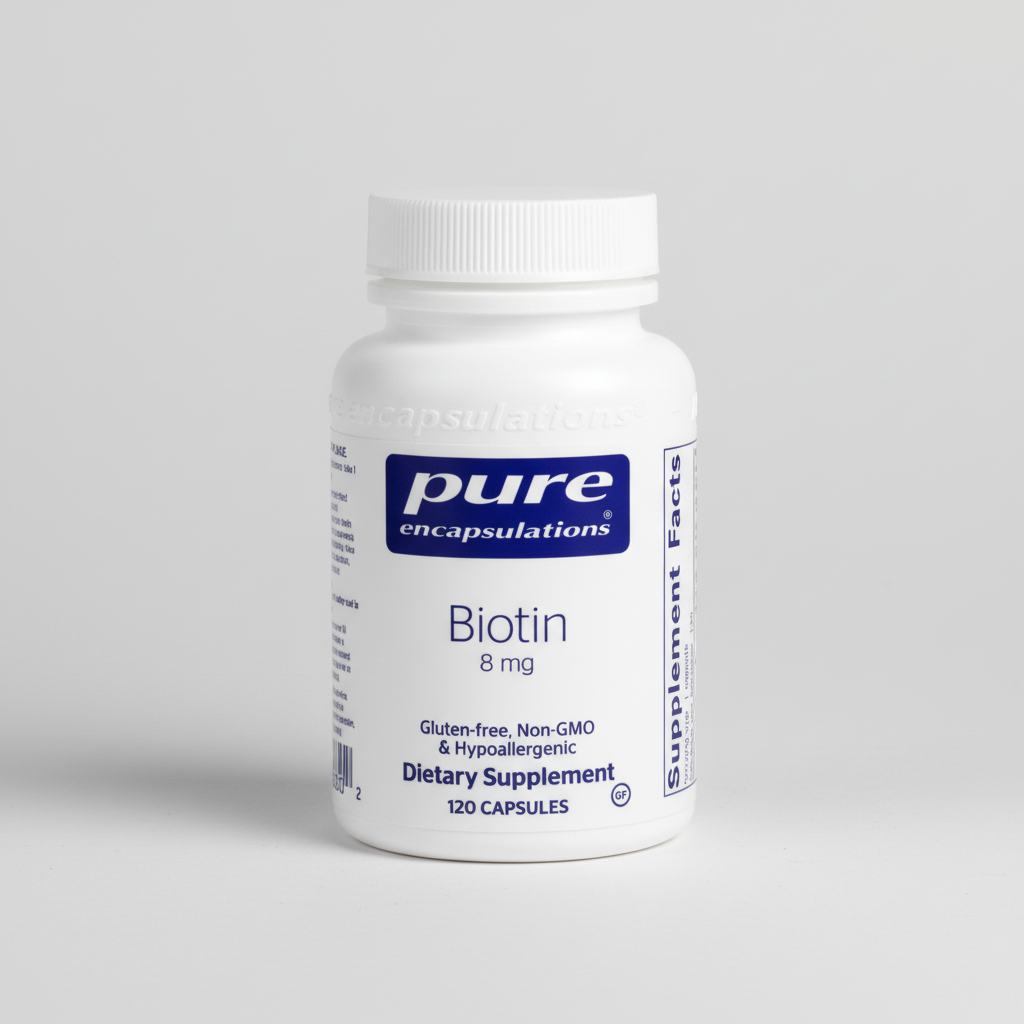 Bottle of Pure Encapsulations Biotin supplement on a white background
