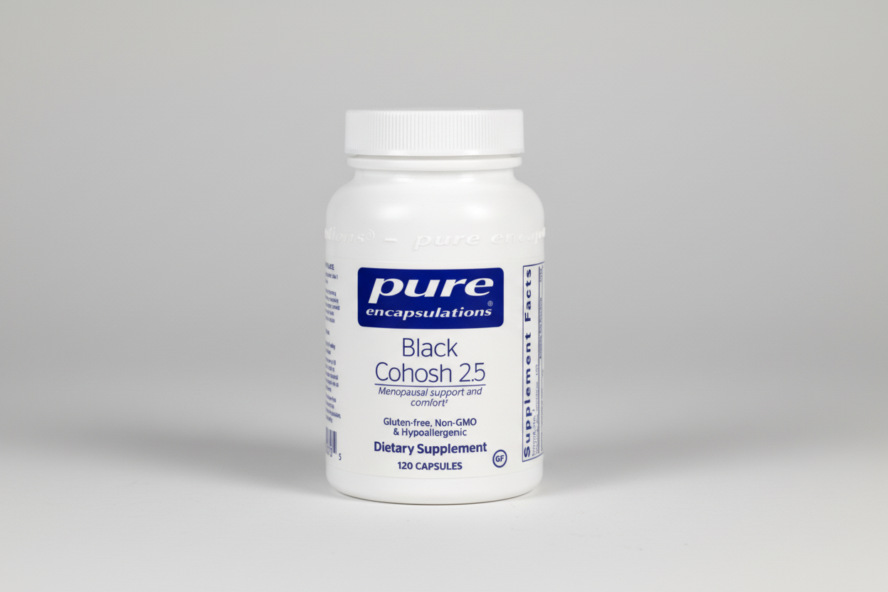 White supplement bottle labeled 'pure encapsulations Black Cohosh 2.5' on a white background