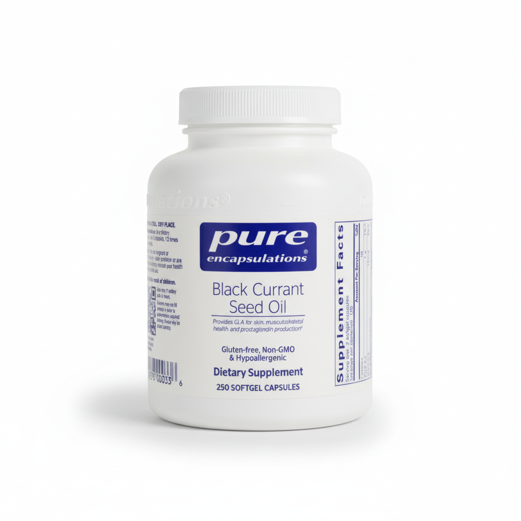 White container of pure encapsulations Black Currant Seed Oil supplement on a white background