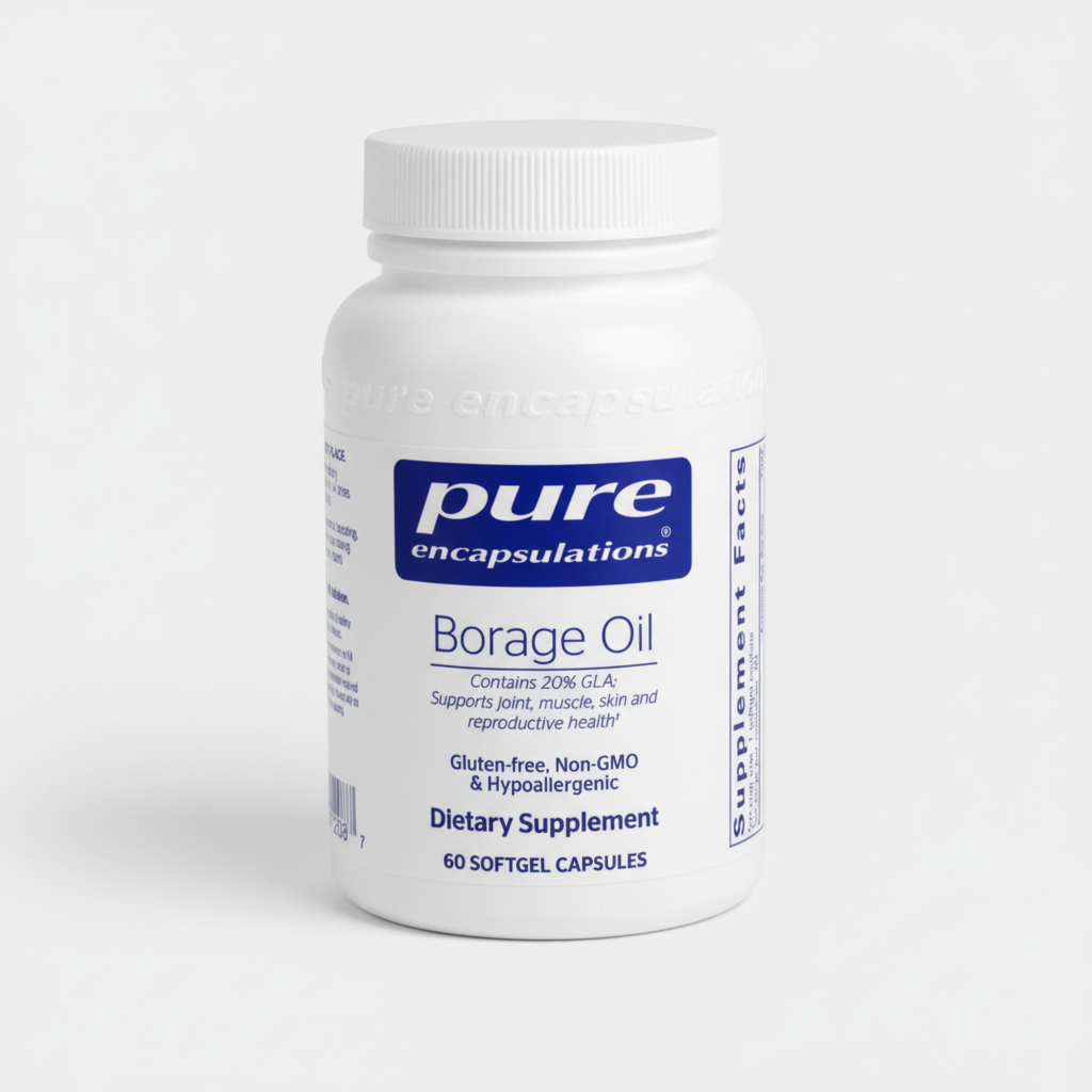 Bottle of Pure Encapsulations Borage Oil supplement on a white background