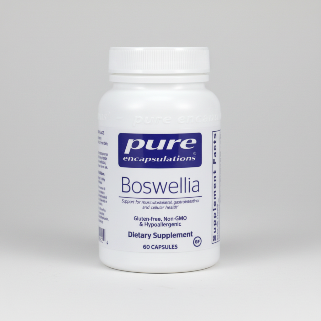 Boswellia dietary supplement bottle with white label on a white background