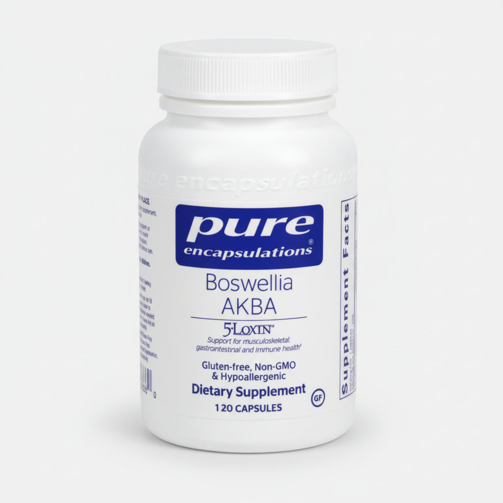 Supplement bottle labeled 'pure encapsulations Boswellia AKBA' on a white background