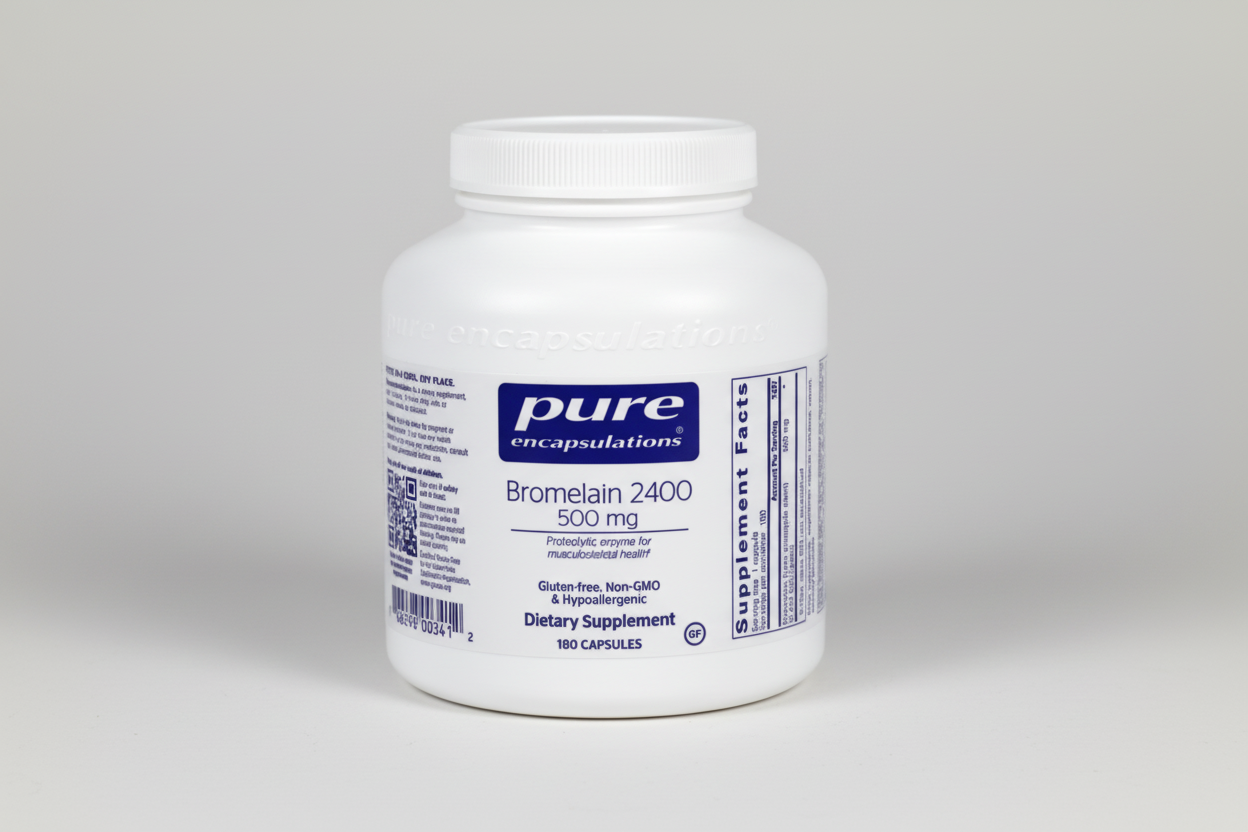 White supplement container labeled 'pure encapsulations Bromelain 2400' on a white background
