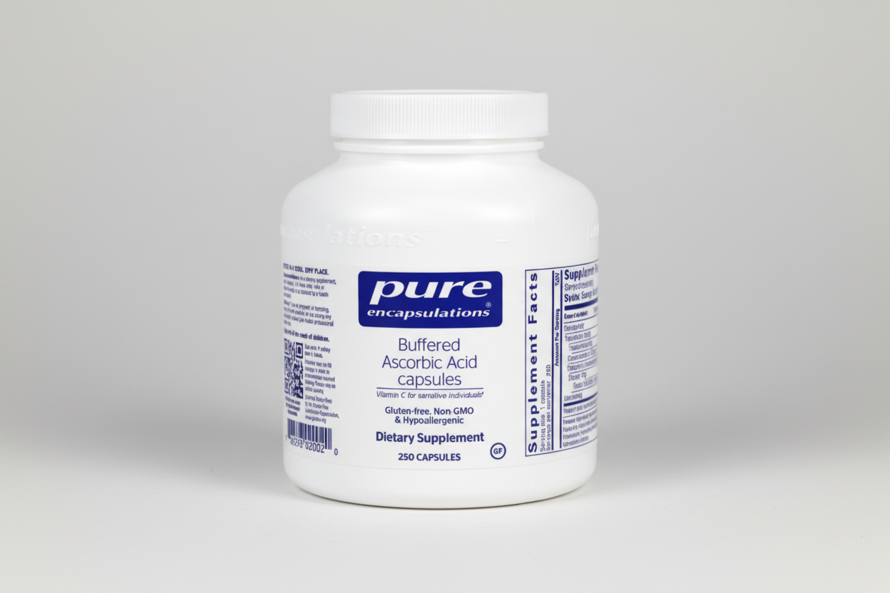 White supplement bottle labeled 'pure encapsulations' on a white background