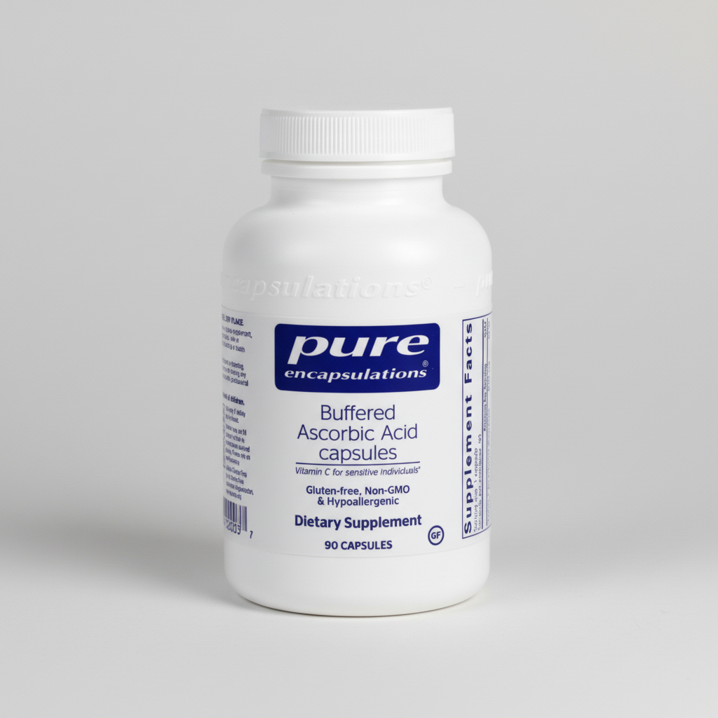 Supplement bottle labeled 'pure encapsulations' on a white background