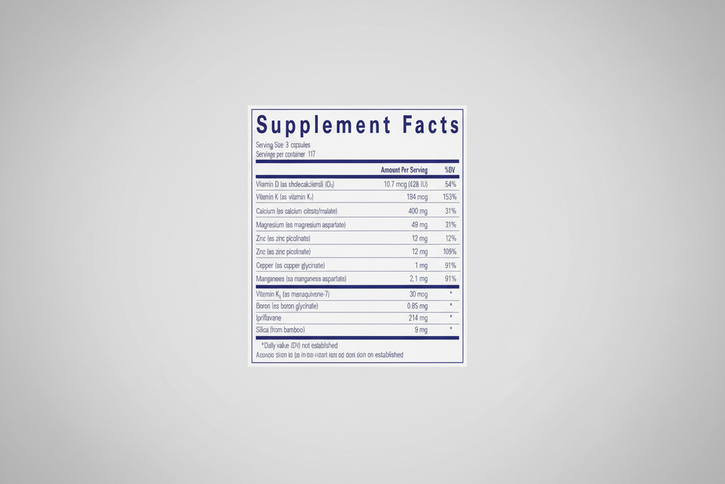 Supplement facts label with detailed nutritional information