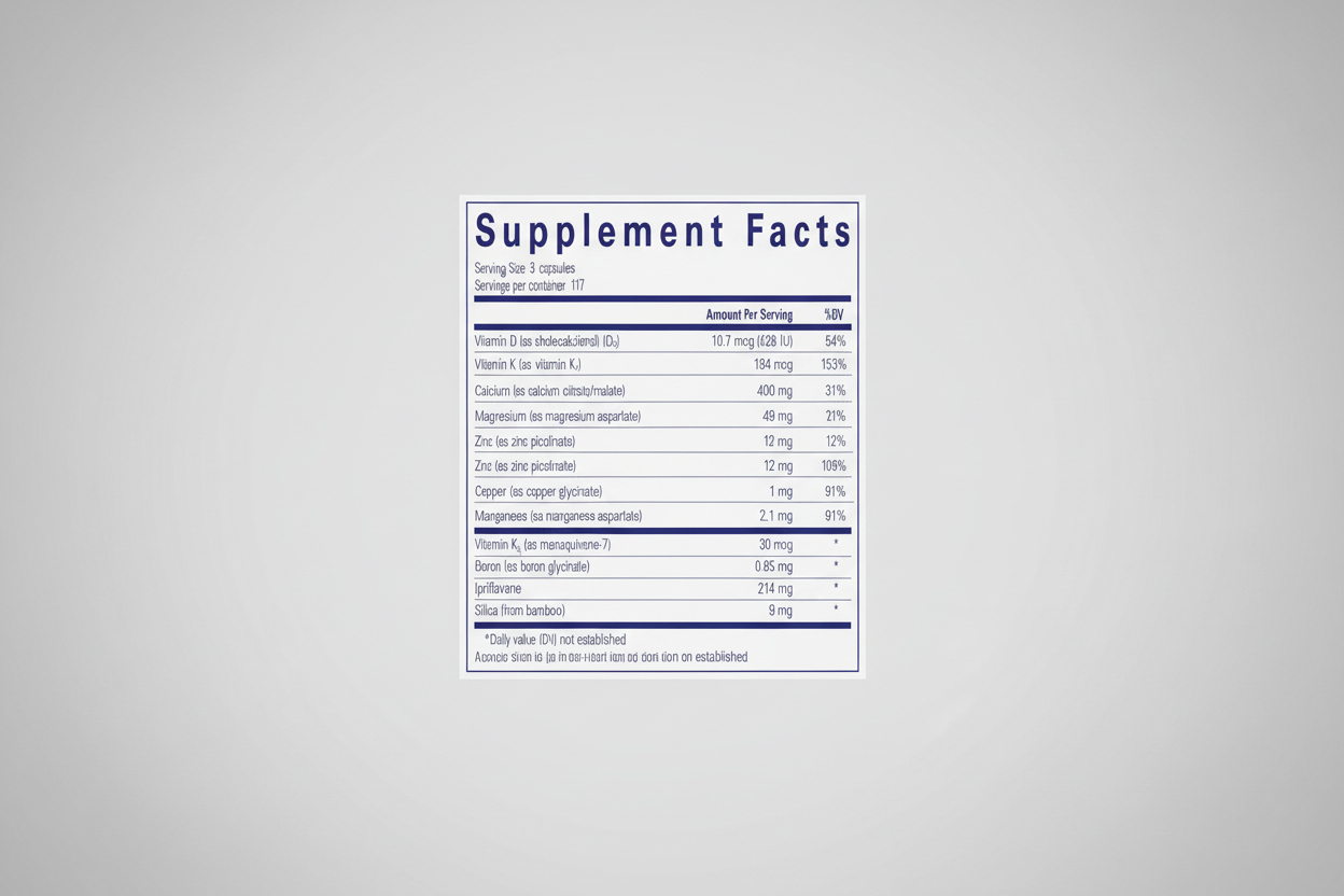 Supplement facts label with detailed nutritional information