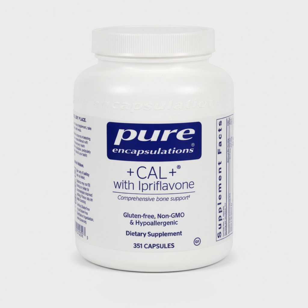 White supplement container with blue label featuring 'pure encapsulations' branding on a white background