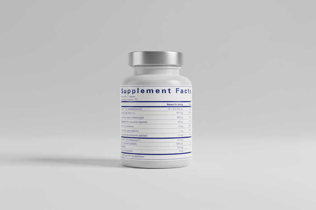Supplement facts label with detailed nutritional information