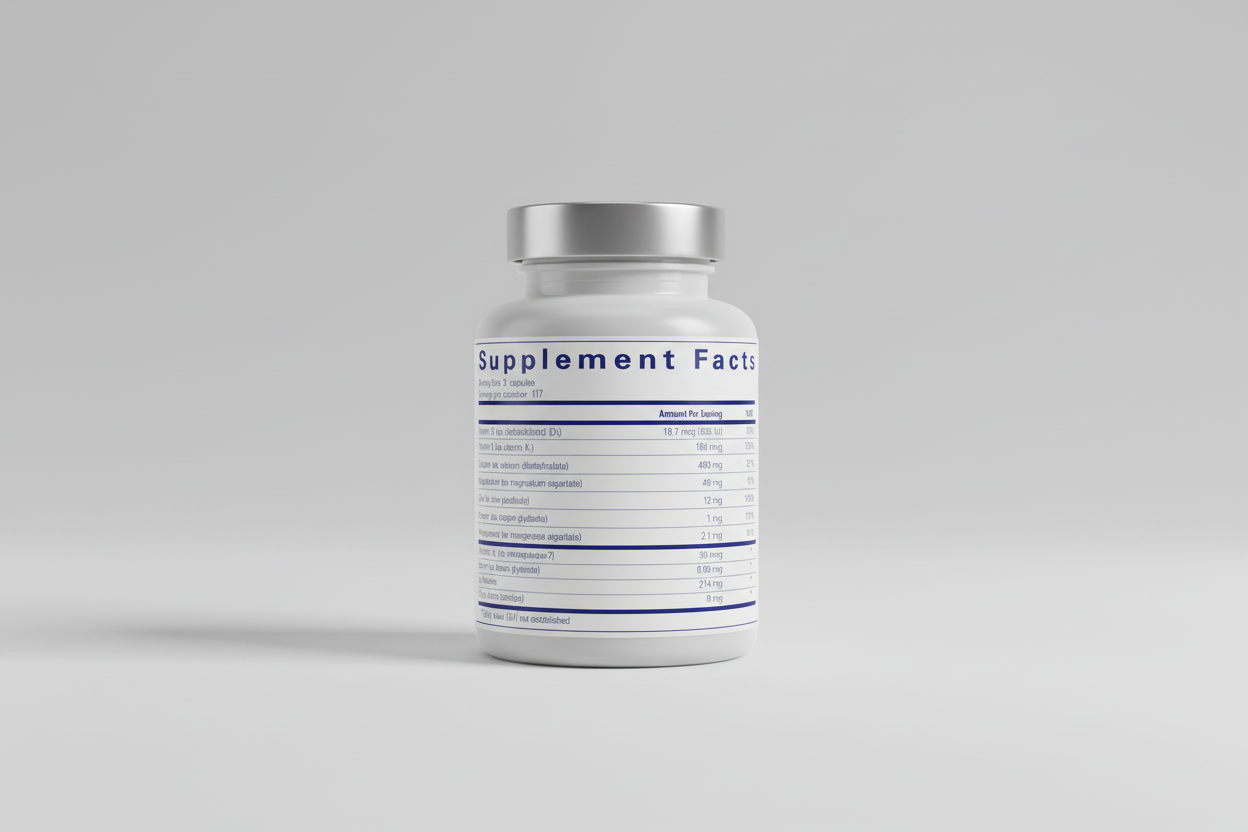Supplement facts label with detailed nutritional information