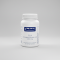 Supplement bottle labeled 'pure encapsulations' with CLA (conjugated linoleic acid) on a white background