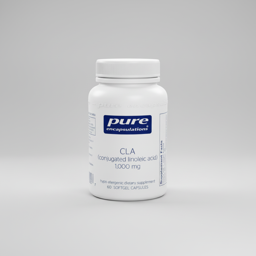 Supplement bottle labeled 'pure encapsulations' with CLA (conjugated linoleic acid) on a white background