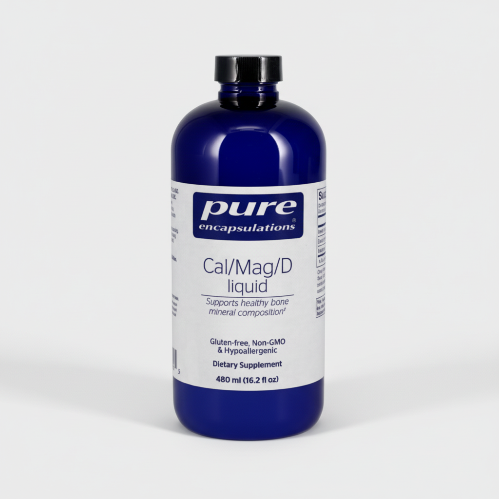 Blue bottle of Pure Encapsulations Cal/Mag/D liquid supplement on a white background