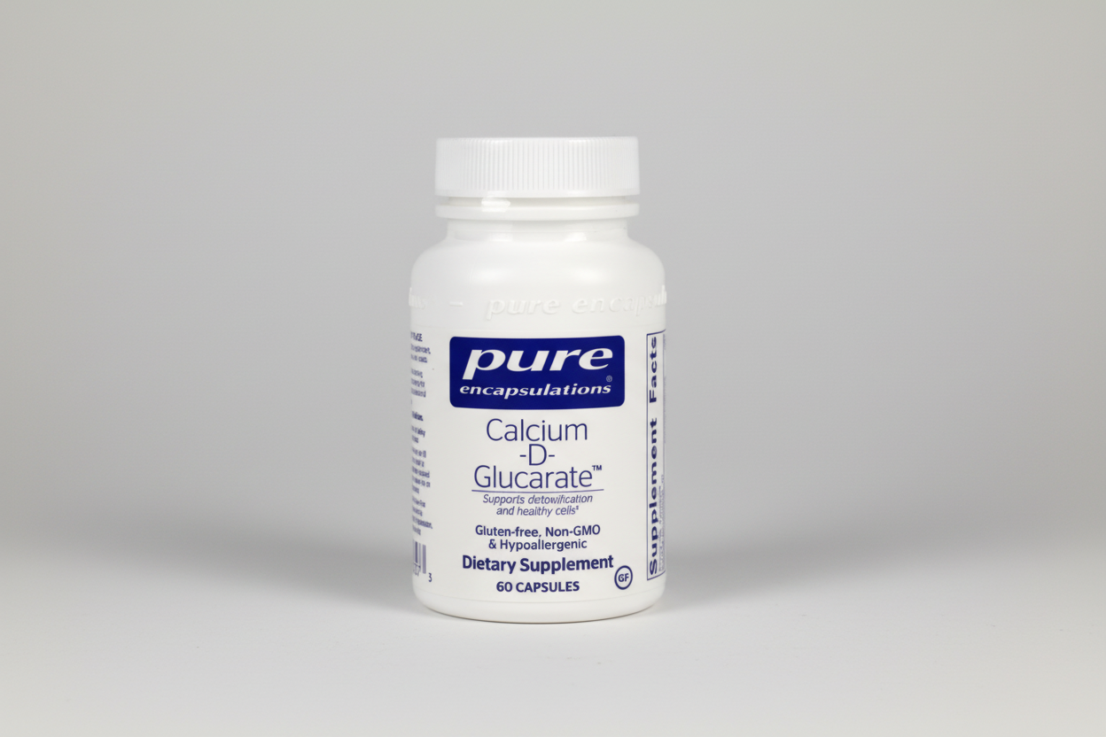 Supplement bottle labeled 'pure encapsulations Calcium D-Glucarate' on a white background