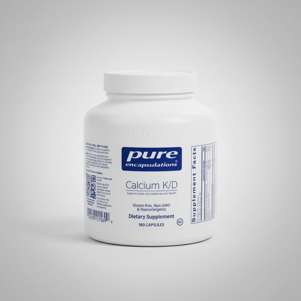 White supplement container labeled 'pure encapsulations Calcium K/D' on a white background