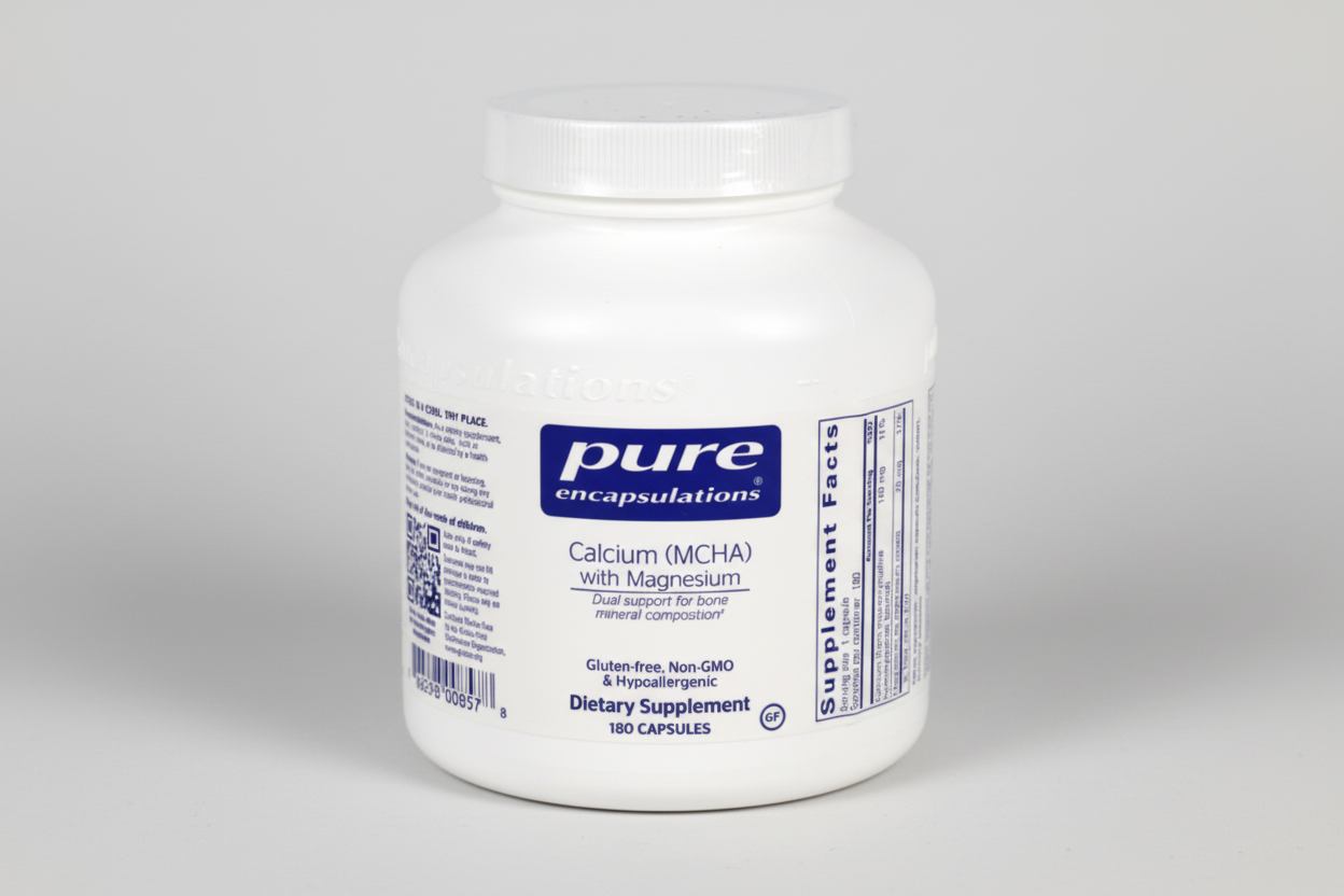 White supplement container with 'pure encapsulations' label on a white background