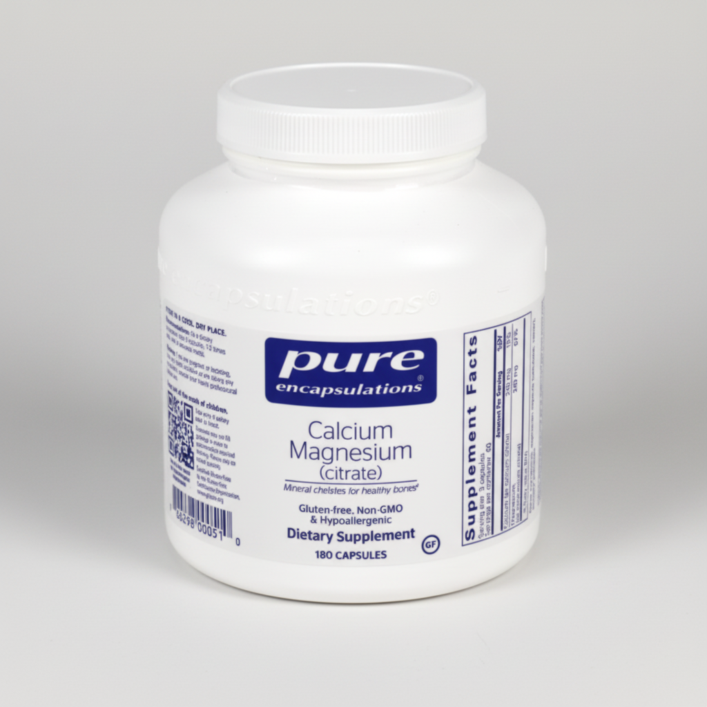 White supplement container labeled 'pure encapsulations Calcium Magnesium citrate' on a white background