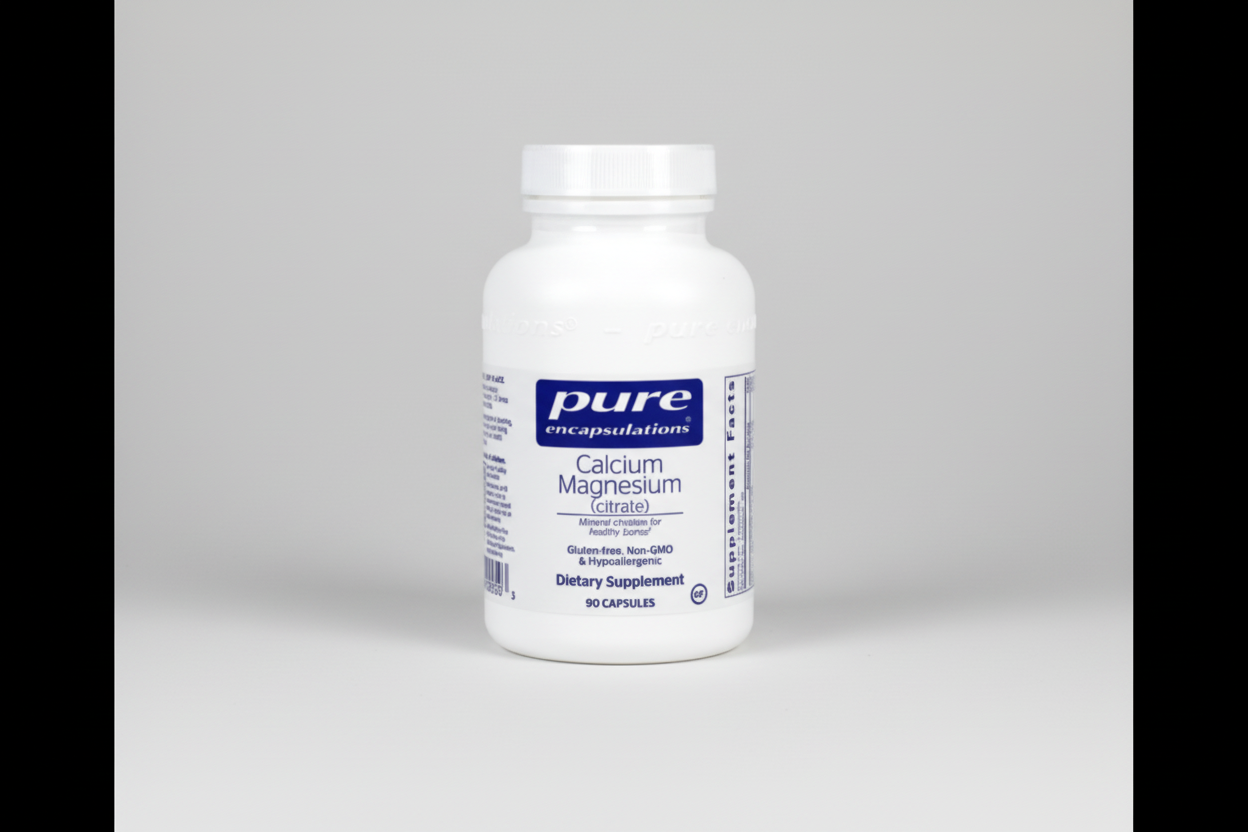 Supplement bottle labeled 'pure encapsulations Calcium Magnesium Citrate' on a white background