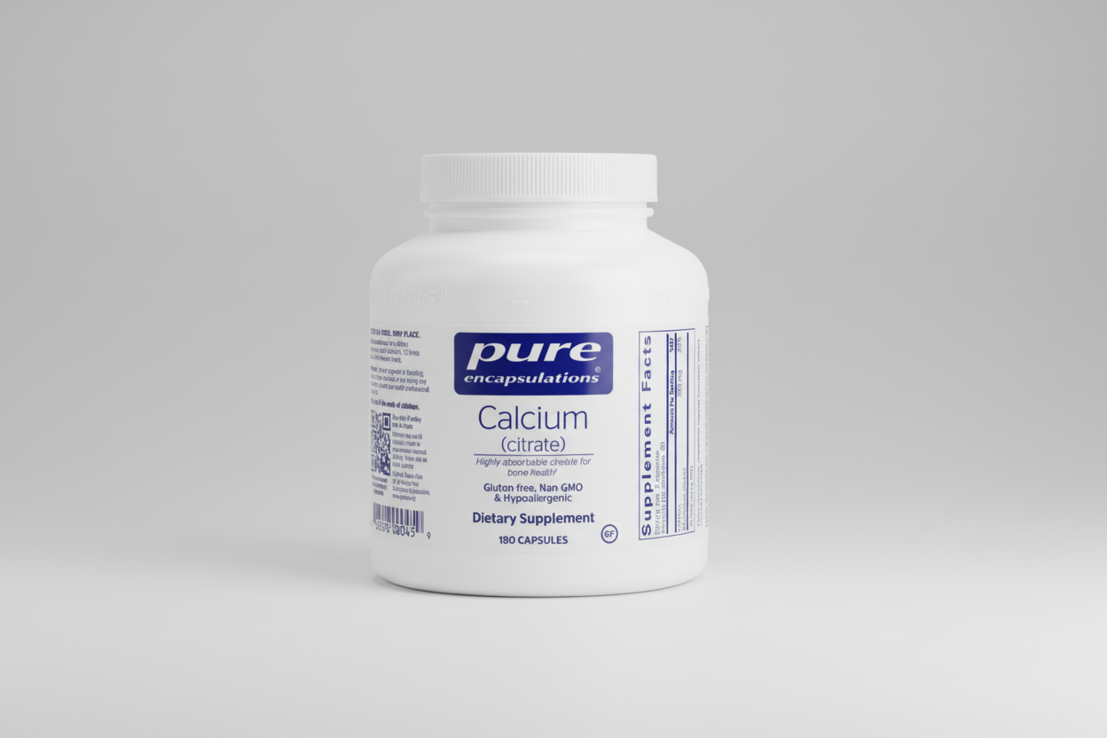 Supplement bottle labeled 'pure encapsulations Calcium citrate' on a white background
