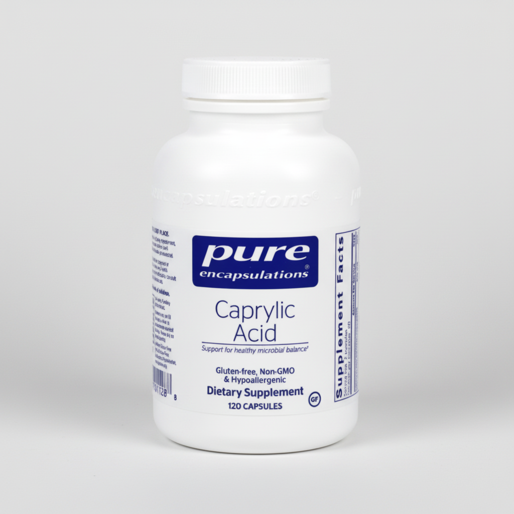 White supplement bottle labeled 'pure encapsulations Caprylic Acid' on a white background