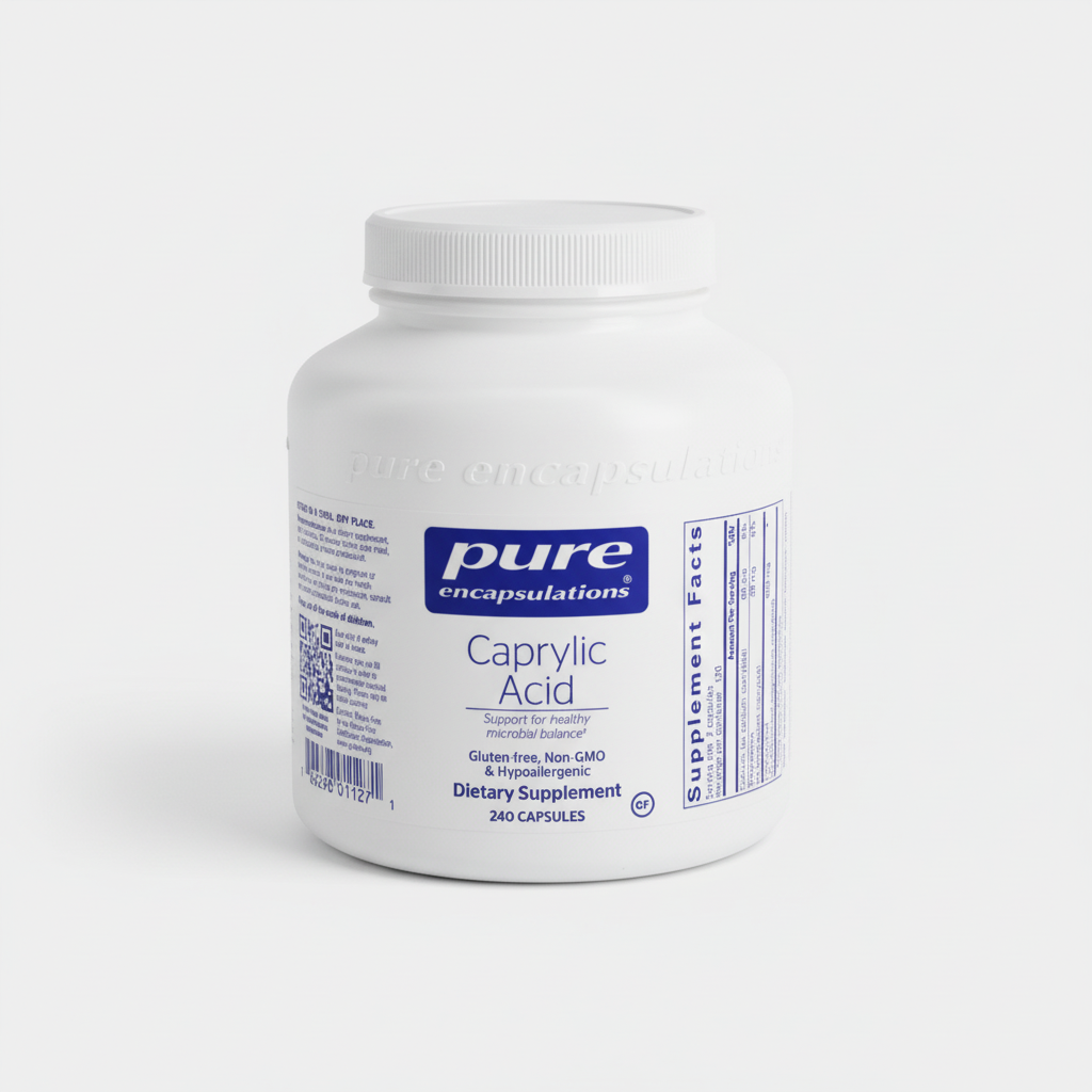 White supplement container labeled 'pure encapsulations Caprylic Acid' on a white background