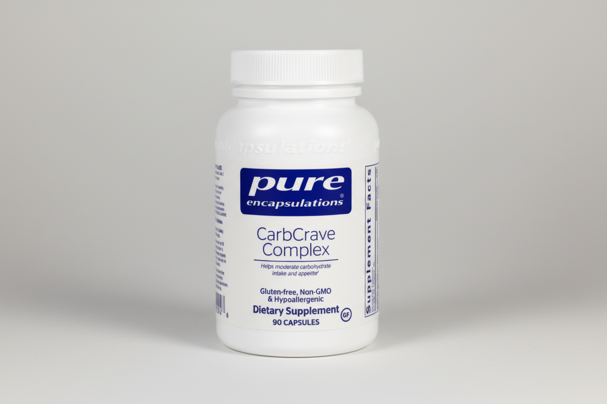Supplement bottle labeled 'pure encapsulations CarbCrave Complex' on a white background