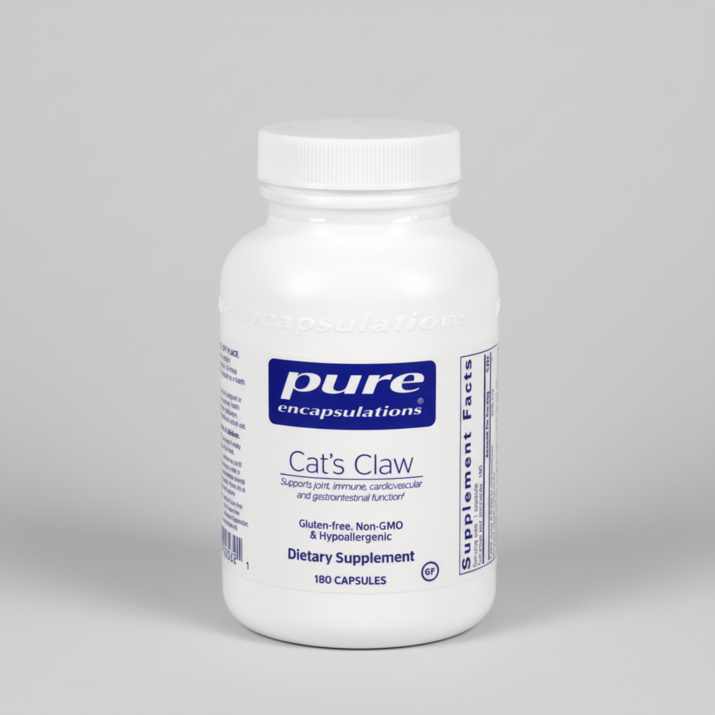 White supplement bottle labeled 'Cat's Claw' by Pure Encapsulations on a white background