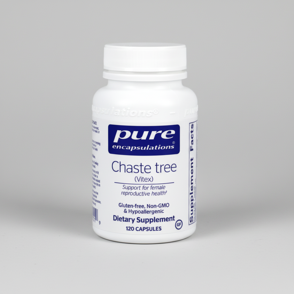 Supplement bottle labeled 'pure encapsulations Chaste tree Vitex' on a white background