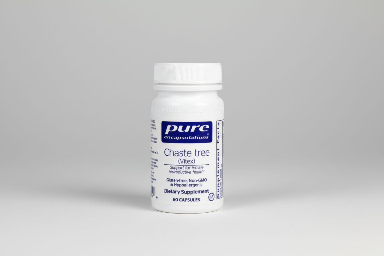 Supplement bottle labeled 'pure encapsulations Chaste tree Vitex' on a white background