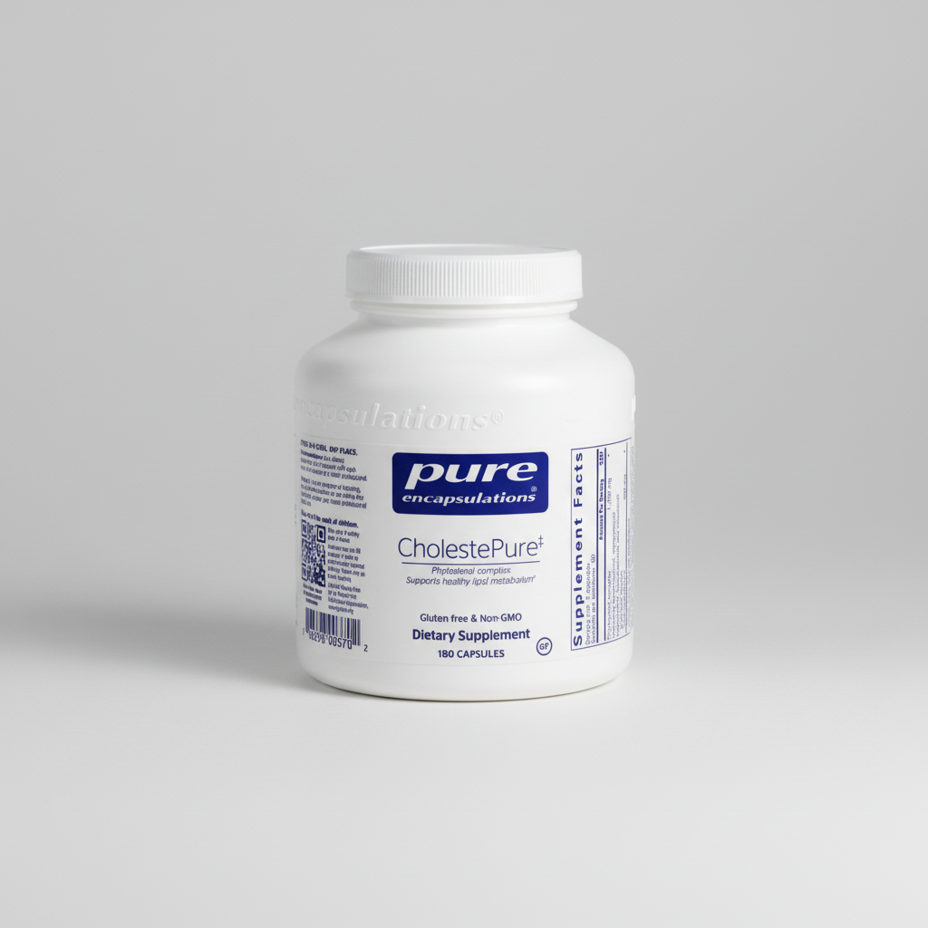 White supplement container labeled 'pure encapsulations CholestePure' on a white background
