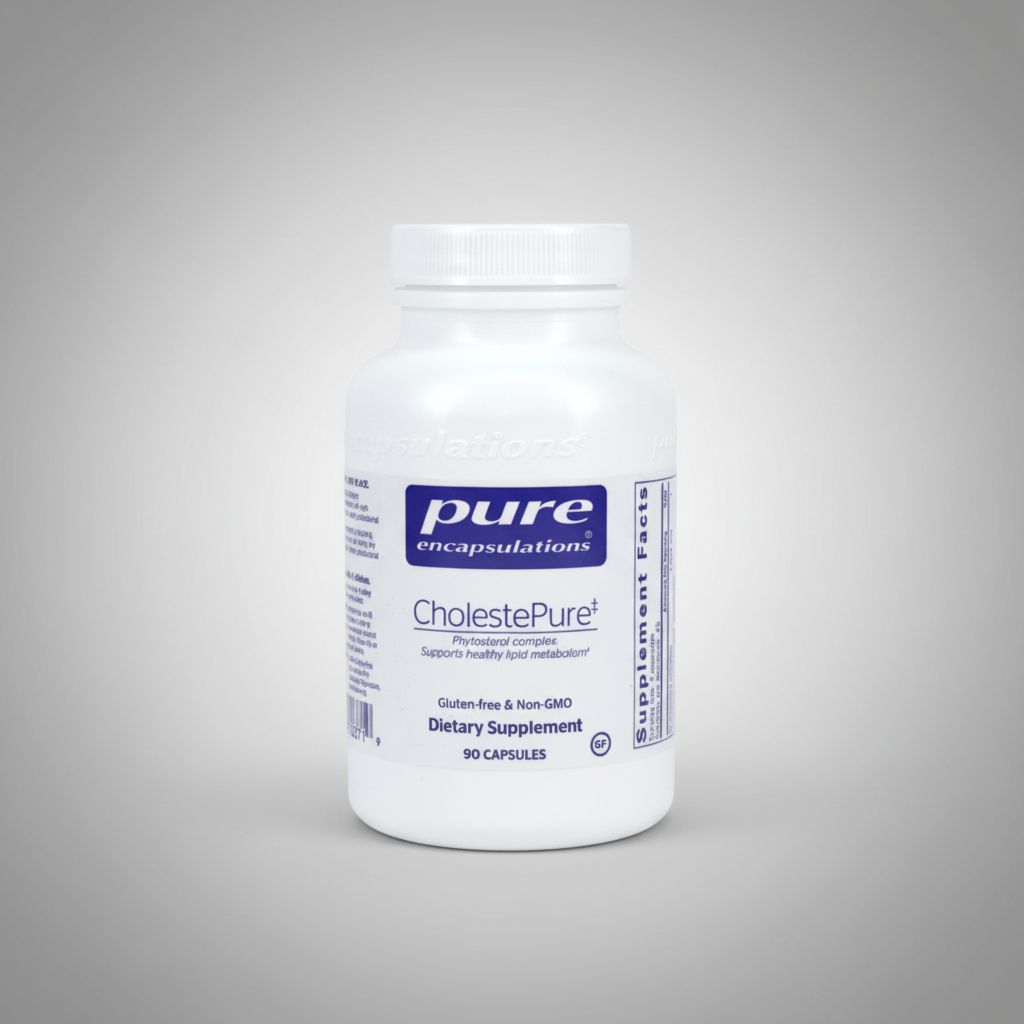 White supplement bottle labeled 'pure encapsulations CholestePure' on a white background