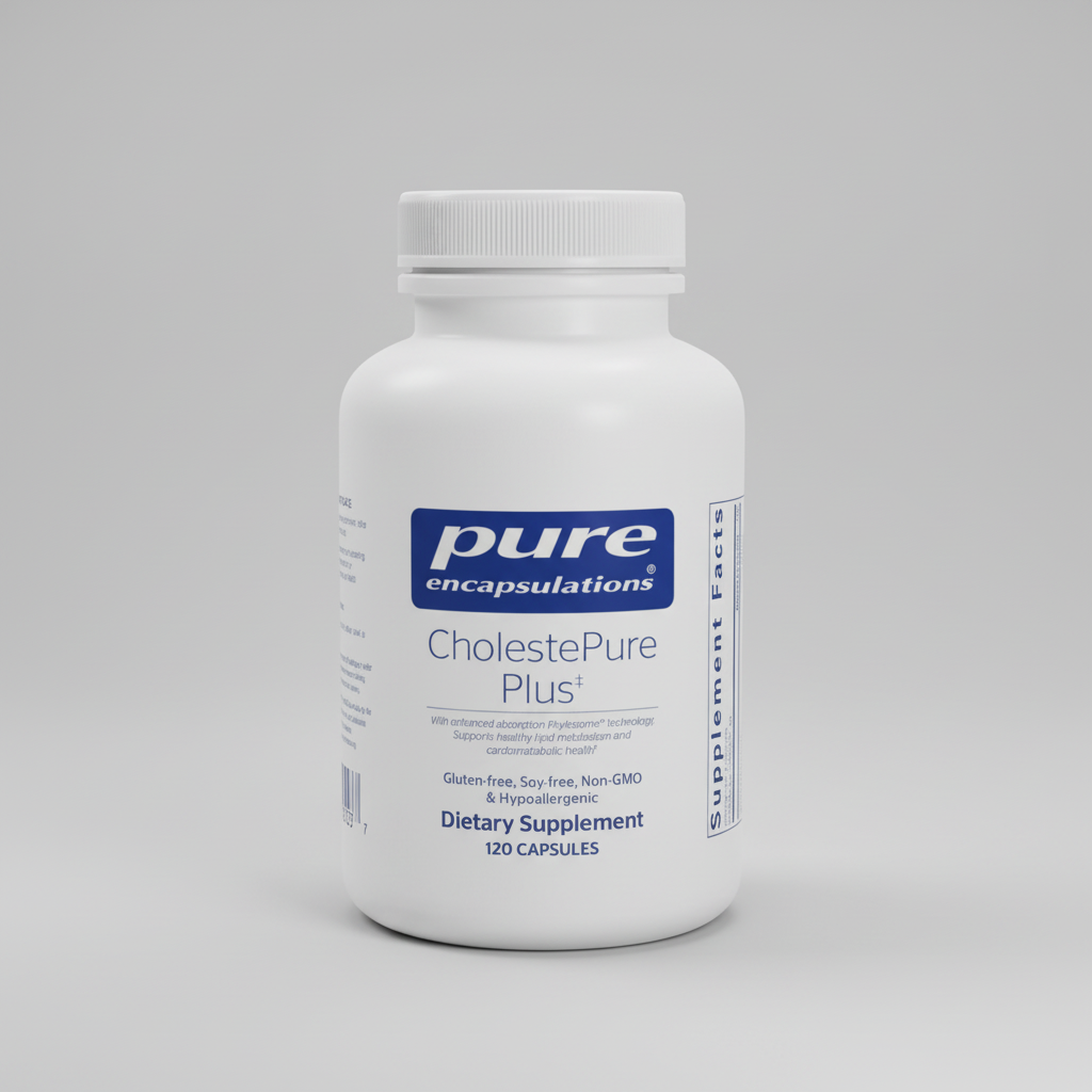 Supplement bottle labeled 'pure encapsulations CholestePure Plus' on a white background