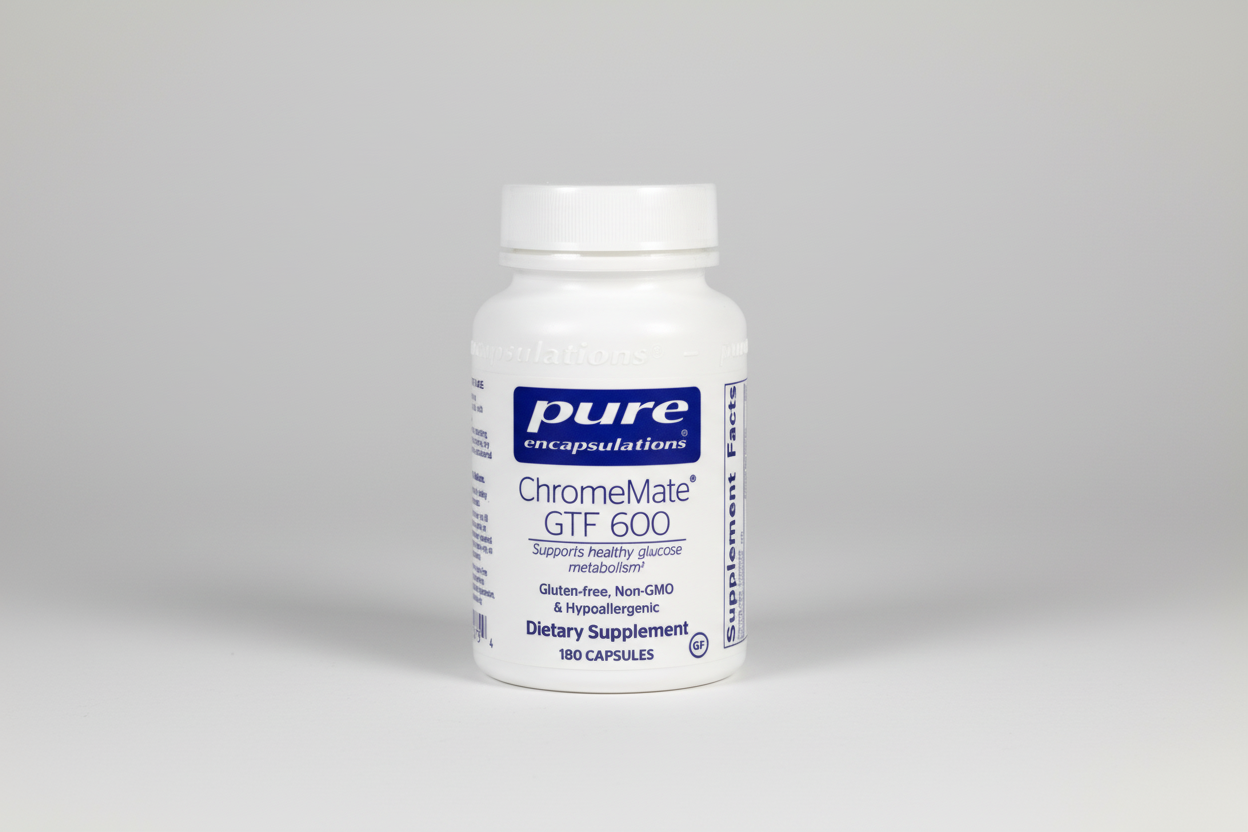 Supplement bottle labeled 'ChromeMate GTF 600' by Pure Encapsulations on a white background