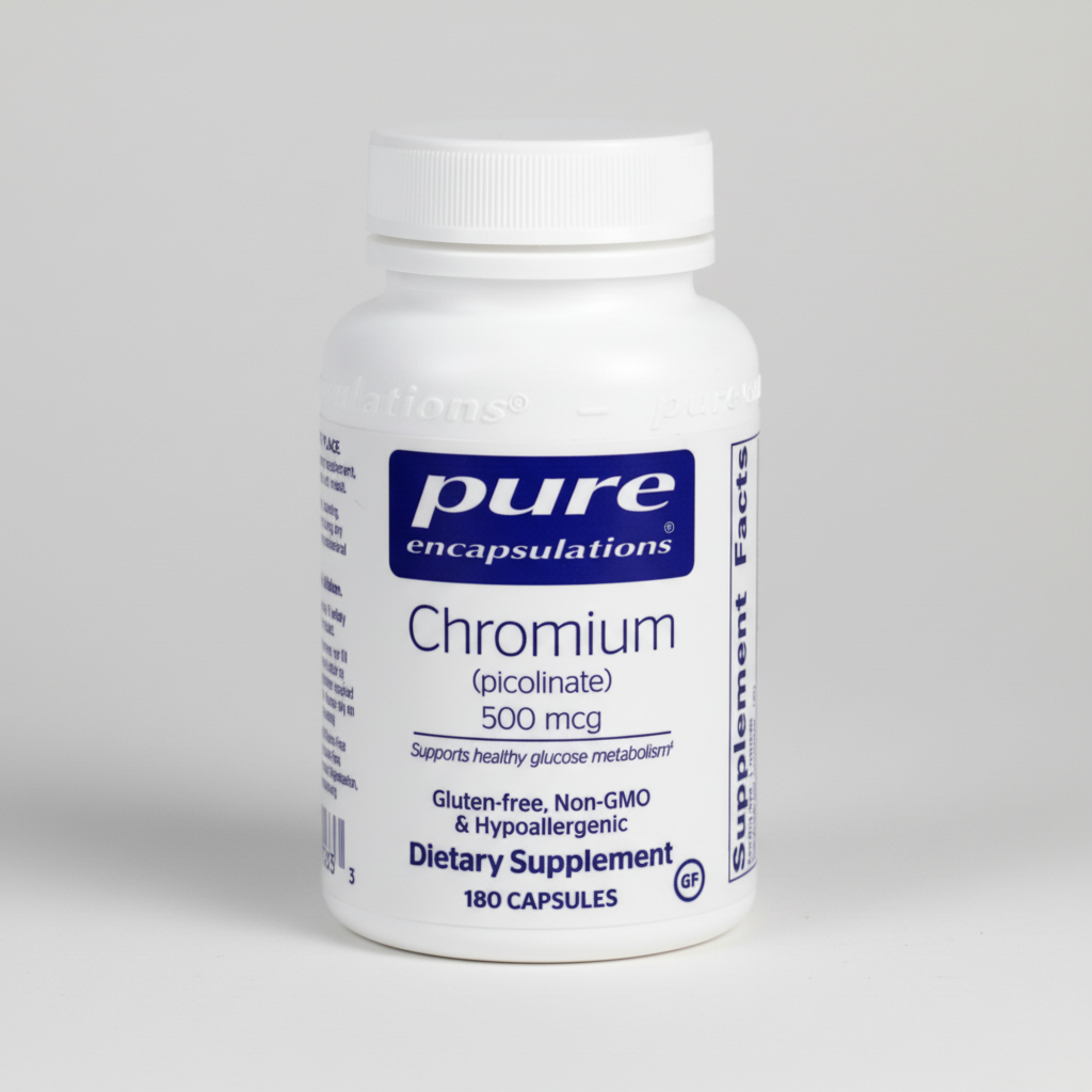 Supplement bottle labeled 'pure encapsulations Chromium' on a white background
