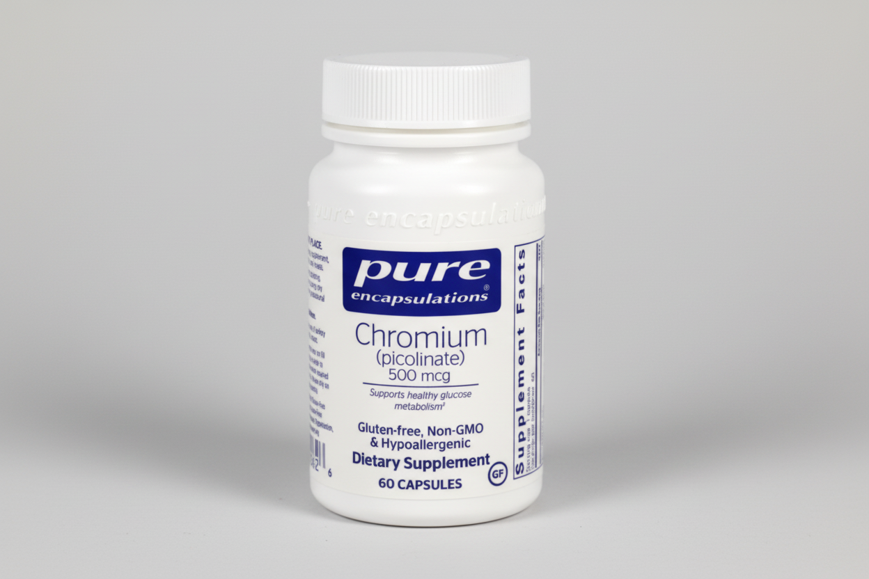 White supplement bottle labeled 'pure encapsulations Chromium picolinate' on a white background