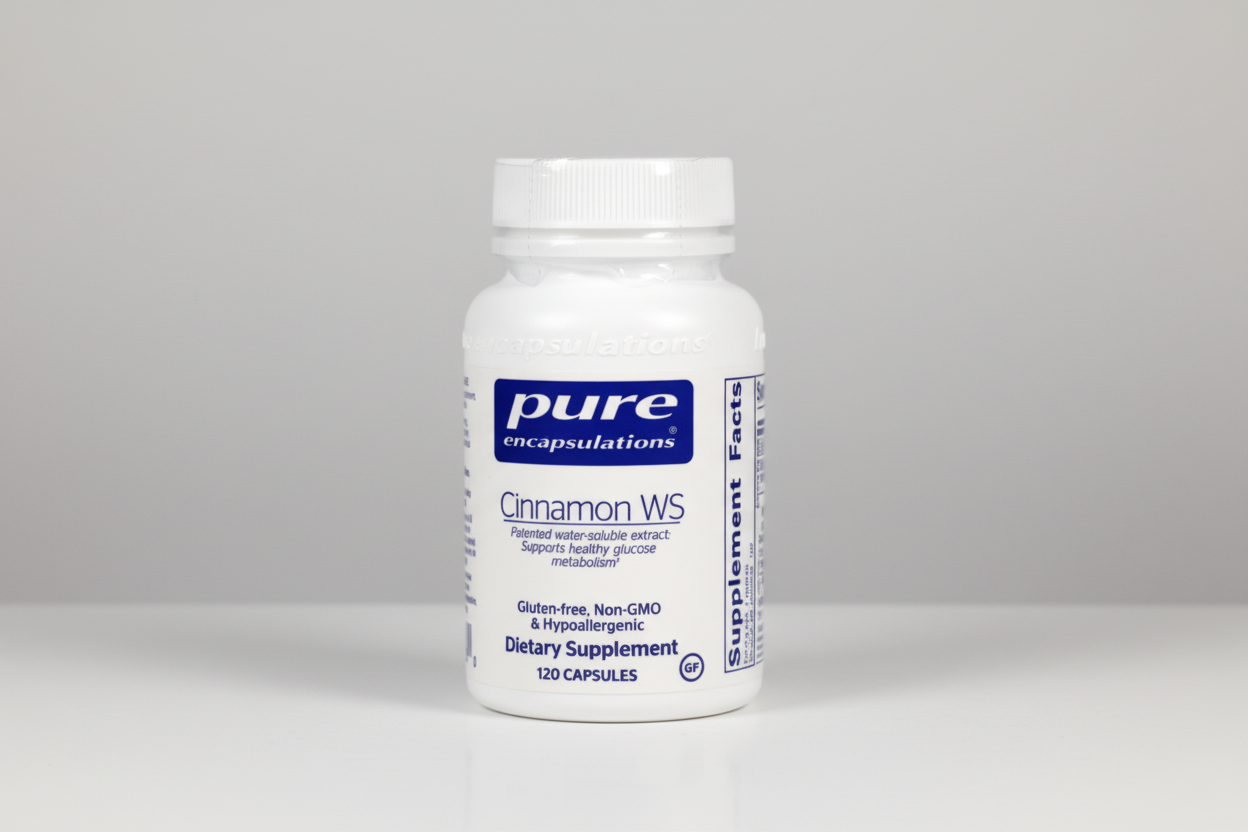Supplement bottle labeled 'pure encapsulations Cinnamon WS' on a white background
