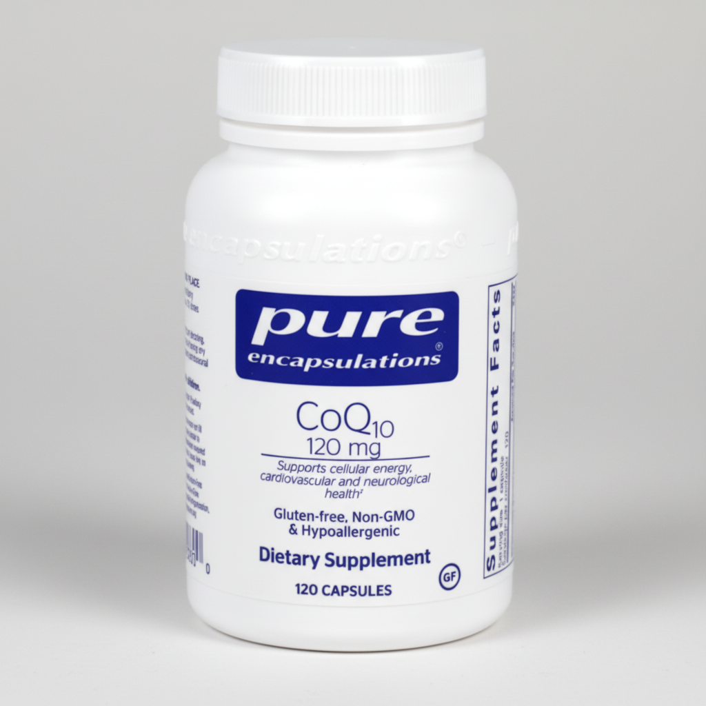 White supplement bottle labeled 'pure encapsulations COQ10 120 mg' on a white background