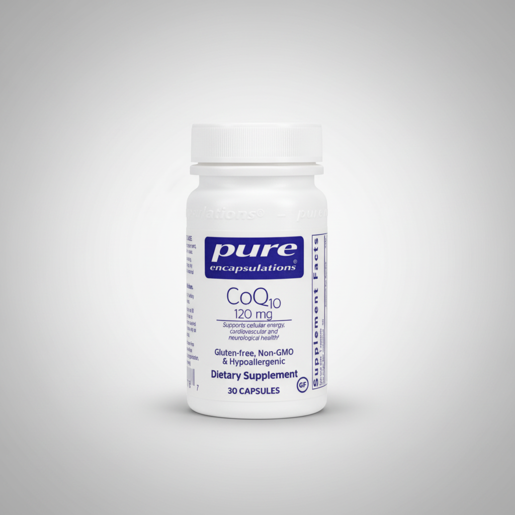 Supplement bottle labeled 'pure encapsulations COQ10 120 mg' on a white background