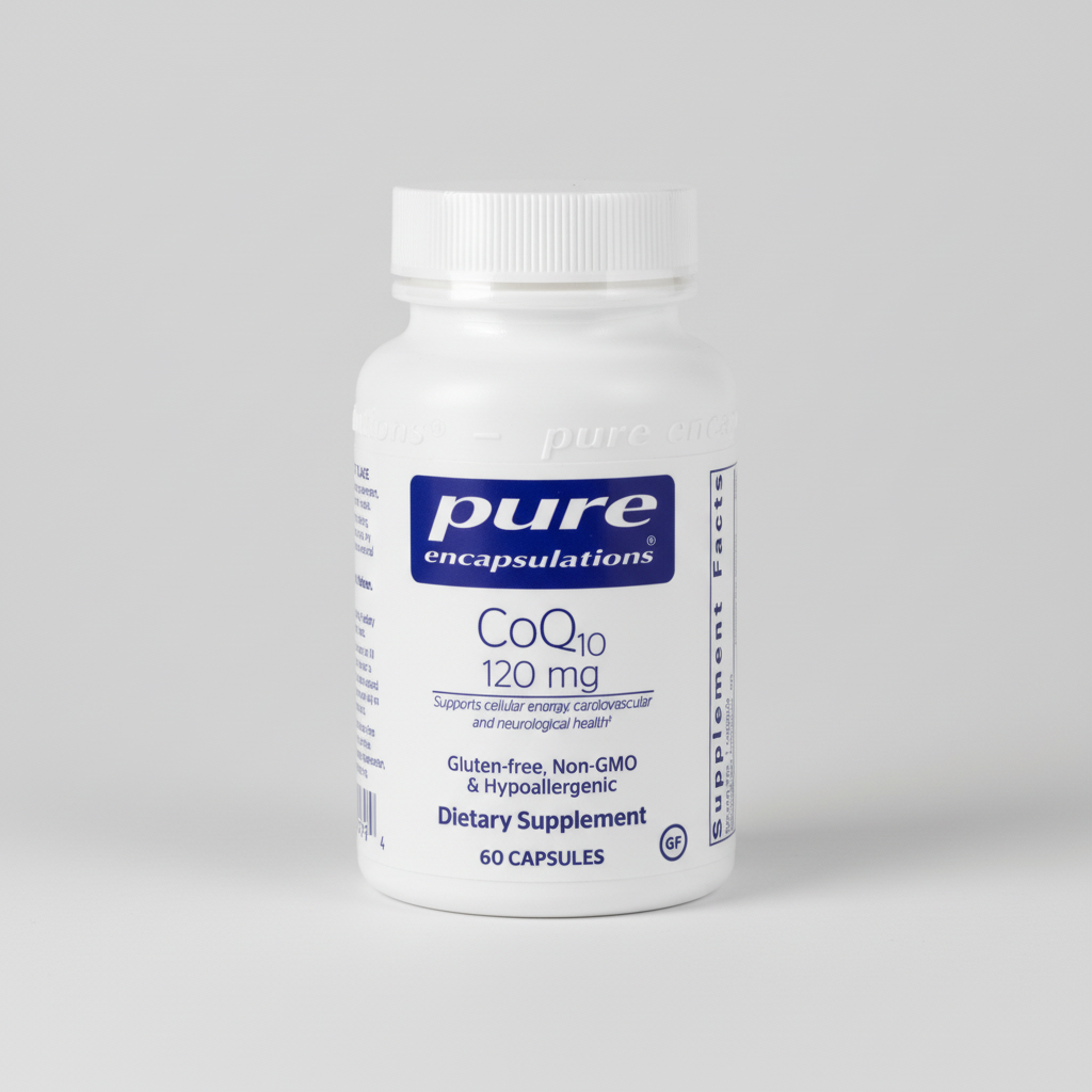 Supplement bottle labeled 'pure encapsulations CoQ10 120 mg' on a white background