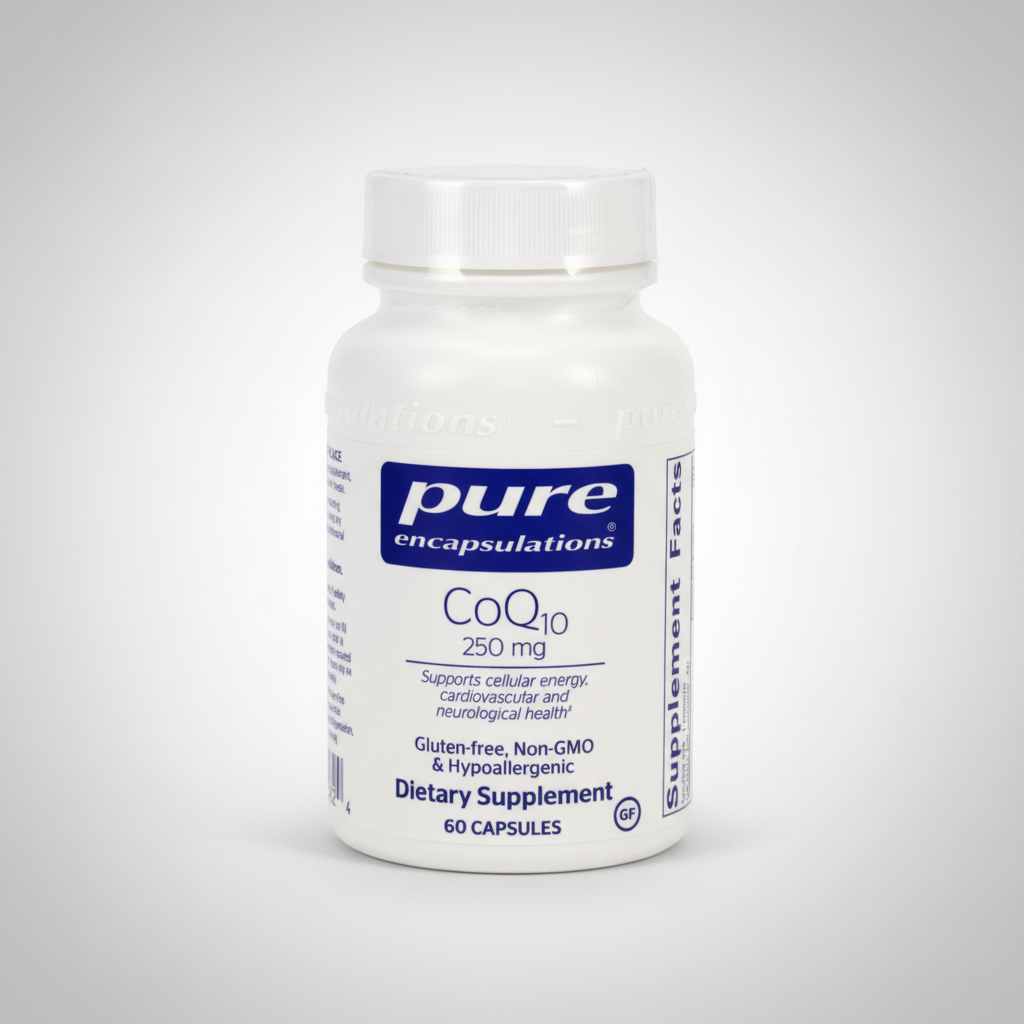 Supplement bottle labeled 'pure encapsulations COQ10 250 mg' on a white background