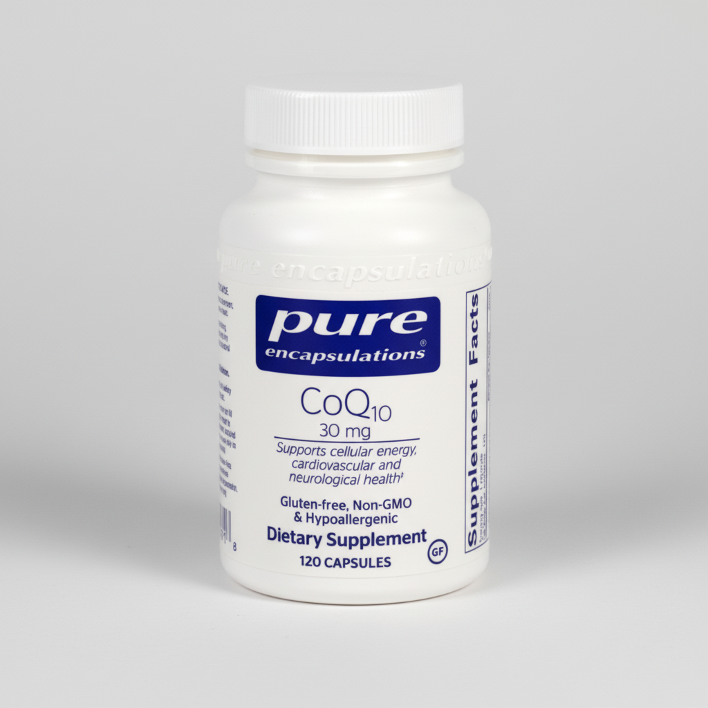 White supplement bottle labeled 'pure encapsulations COQ10' on a white background
