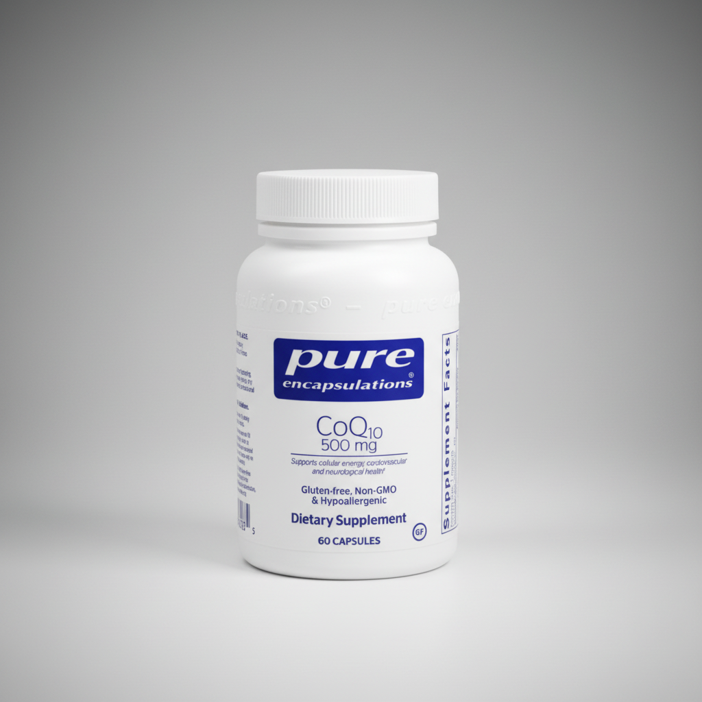 Supplement bottle labeled 'pure encapsulations COQ10 500 mg' on a white background