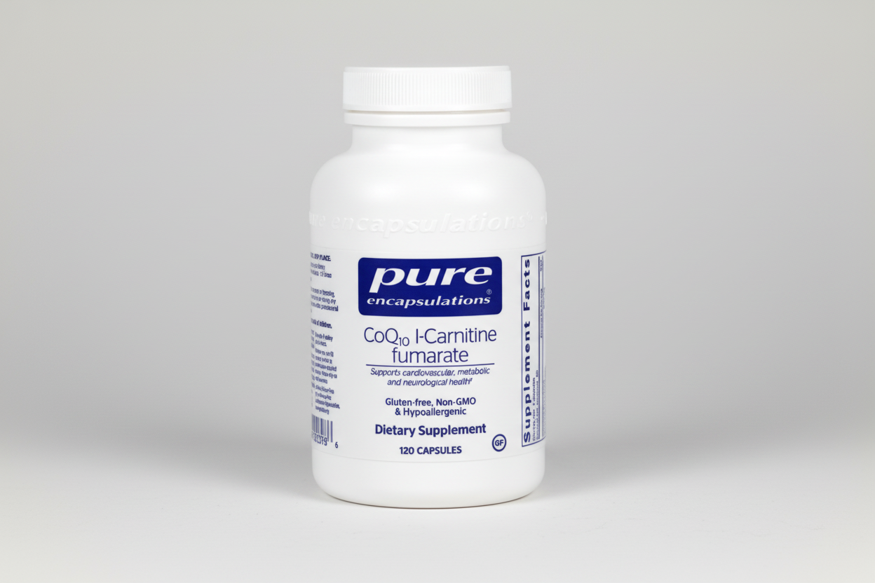 White supplement bottle labeled 'pure encapsulations' on a white background