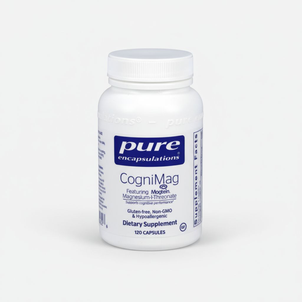 Supplement bottle labeled 'pure encapsulations CogniMag' on a white background