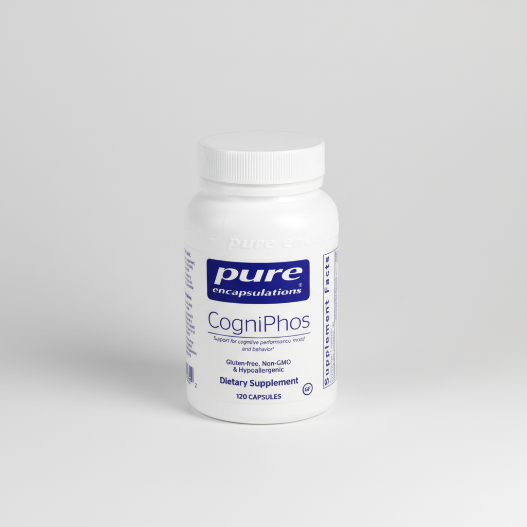 White container of Pure Encapsulations Buffered Ascorbic Acid powder on a white background
