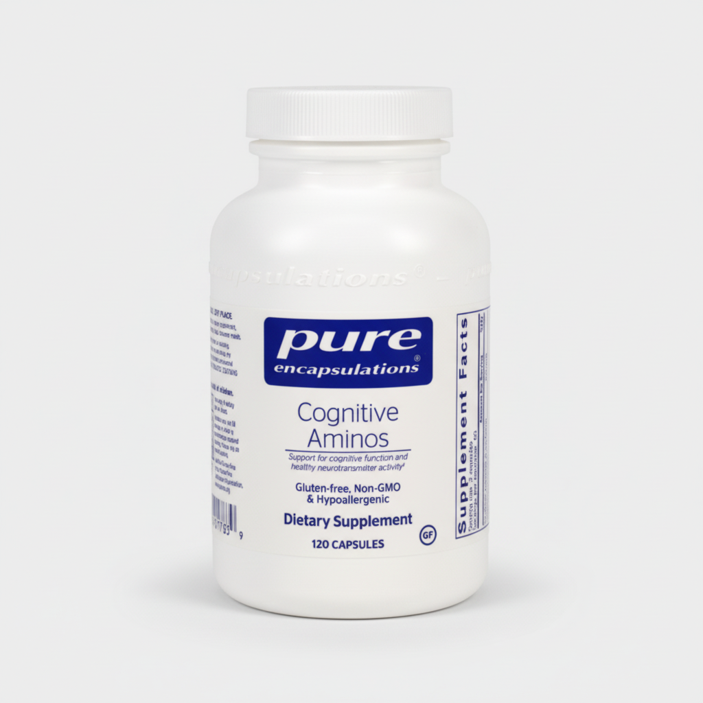 White supplement bottle labeled 'Cognitive Aminos' by Pure Encapsulations on a white background