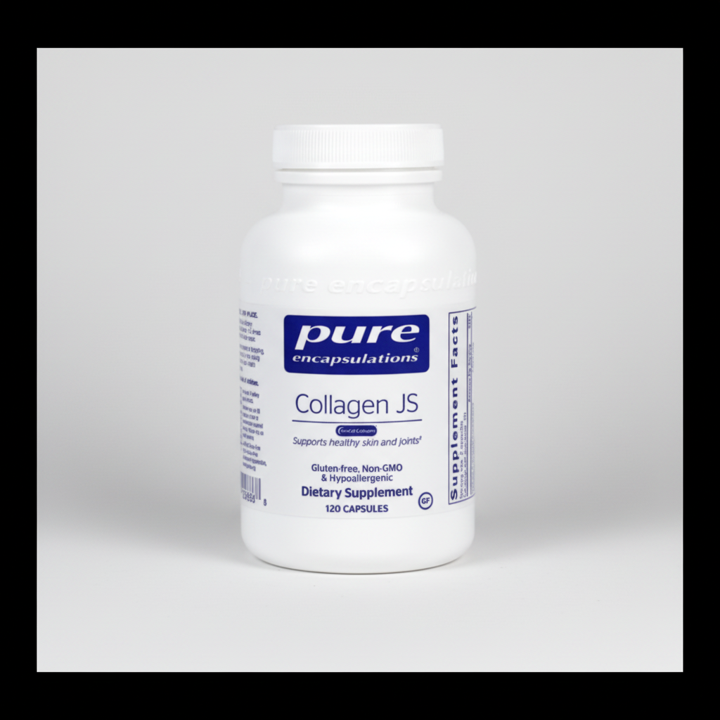 White bottle of pure encapsulations Collagen JS dietary supplement on a white background